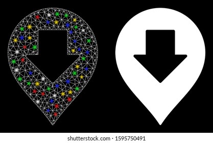 Flare mesh down arrow marker icon with sparkle effect. Abstract illuminated model of down arrow marker. Shiny wire carcass triangular network down arrow marker icon.