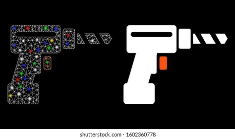 Flare mesh drill icon with glitter effect. Abstract illuminated model of drill. Shiny wire frame polygonal mesh drill icon. Vector abstraction on a black background.