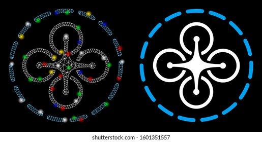 Flare mesh drone flight icon with glare effect. Abstract illuminated model of drone flight. Shiny wire frame polygonal mesh drone flight icon. Vector abstraction on a black background.