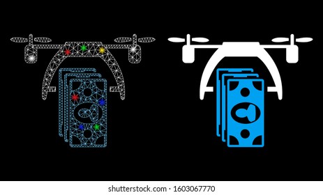 Flare mesh drone payment icon with sparkle effect. Abstract illuminated model of drone payment. Shiny wire carcass polygonal mesh drone payment icon. Vector abstraction on a black background.
