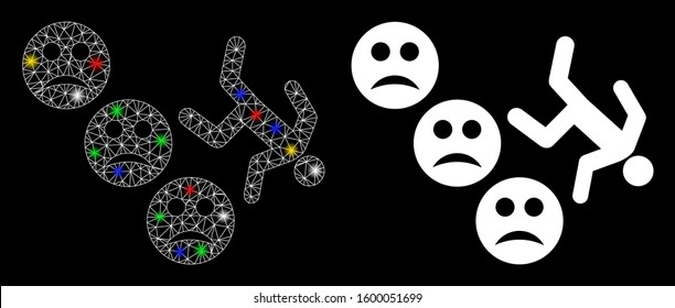 Flare mesh drop down sad user icon with glow effect. Abstract illuminated model of drop down sad user. Shiny wire carcass polygonal mesh drop down sad user icon.