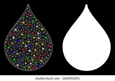 Flare mesh drop icon with glare effect. Abstract illuminated model of drop. Shiny wire carcass triangular mesh drop icon. Vector abstraction on a black background.