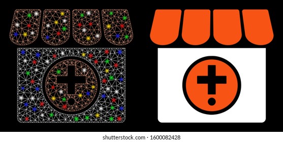 Flare mesh drugstore icon with glitter effect. Abstract illuminated model of drugstore. Shiny wire frame triangular mesh drugstore icon. Vector abstraction on a black background.