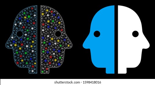 Flare mesh dual face icon with lightspot effect. Abstract illuminated model of dual face. Shiny wire carcass polygonal mesh dual face icon. Vector abstraction on a black background.