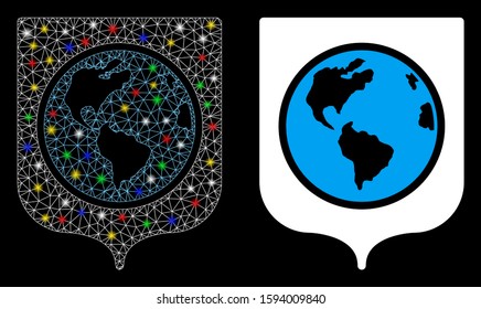 Flare mesh Earth shield icon with glitter effect. Abstract illuminated model of Earth shield. Shiny wire frame triangular mesh Earth shield icon. Vector abstraction on a black background.