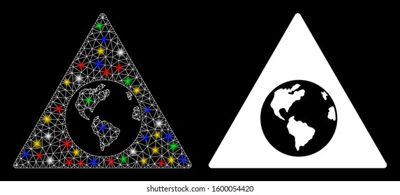 Flare mesh Earth warning icon with lightspot effect. Abstract illuminated model of Earth warning. Shiny wire frame polygonal mesh Earth warning icon. Vector abstraction on a black background.