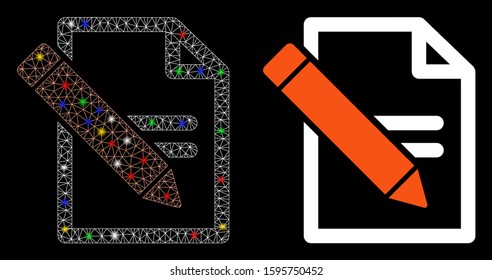 Flare mesh edit records icon with glare effect. Abstract illuminated model of edit records. Shiny wire frame polygonal mesh edit records icon. Vector abstraction on a black background.