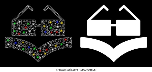Flare mesh education book icon with sparkle effect. Abstract illuminated model of education book. Shiny wire carcass triangular mesh education book icon. Vector abstraction on a black background.