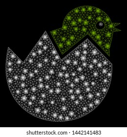 Flare mesh egg chick with lightspot effect. Abstract illuminated model of egg chick icon. Shiny wire carcass polygonal mesh egg chick. Vector abstraction on a black background.