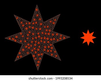 Flare mesh eight pointed star with glowing spots. Vector constellation based on eight pointed star icon. Glowing carcass mesh eight pointed star on a black background.