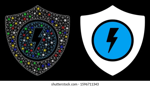 Flare mesh electric guard icon with glare effect. Abstract illuminated model of electric guard. Shiny wire frame triangular mesh electric guard icon. Vector abstraction on a black background.