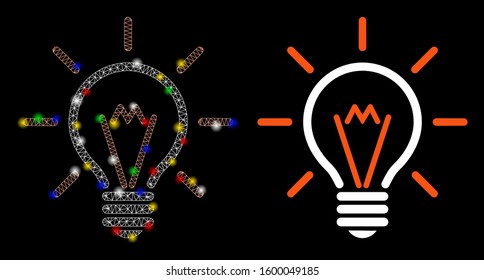 Flare mesh electric light icon with glitter effect. Abstract illuminated model of electric light. Shiny wire frame triangular mesh electric light icon. Vector abstraction on a black background.