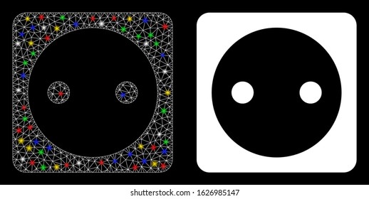 Flare mesh electric socket icon with glitter effect. Abstract illuminated model of electric socket. Shiny wire carcass triangular mesh electric socket icon. Vector abstraction on a black background.