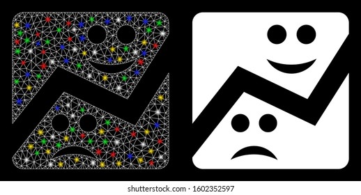 Flare mesh emotion chart icon with glitter effect. Abstract illuminated model of emotion chart. Shiny wire frame triangular mesh emotion chart icon. Vector abstraction on a black background.
