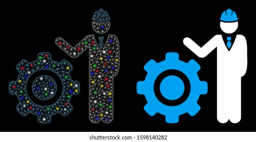 Flare mesh engineer with gear icon with glare effect. Abstract illuminated model of engineer with gear. Shiny wire frame polygonal mesh engineer with gear icon.