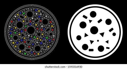 Flare mesh entire pizza icon with sparkle effect. Abstract illuminated model of entire pizza. Shiny wire frame polygonal mesh entire pizza icon. Vector abstraction on a black background.