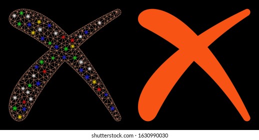 Flare mesh erase icon with sparkle effect. Abstract illuminated model of erase. Shiny wire frame polygonal mesh erase icon. Vector abstraction on a black background.