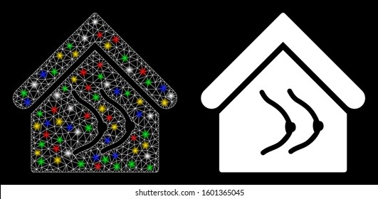 Flare mesh erotics house icon with glow effect. Abstract illuminated model of erotics house. Shiny wire carcass triangular mesh erotics house icon. Vector abstraction on a black background.