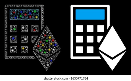 Flare mesh Ethereum calculator icon with glow effect. Abstract illuminated model of Ethereum calculator. Shiny wire carcass triangular mesh Ethereum calculator icon.