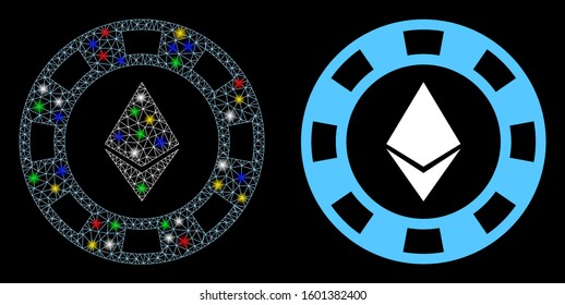 Flare mesh Ethereum casino chip icon with glare effect. Abstract illuminated model of Ethereum casino chip. Shiny wire carcass triangular network Ethereum casino chip icon.