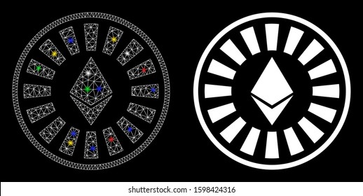 Flare mesh Ethereum casino roulette icon with glow effect. Abstract illuminated model of Ethereum casino roulette. Shiny wire frame triangular mesh Ethereum casino roulette icon.