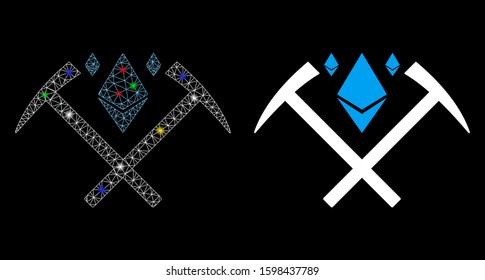 Flare mesh Ethereum crystal mining hammers icon with glare effect. Abstract illuminated model of Ethereum crystal mining hammers.