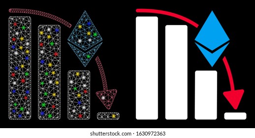 Flare mesh Ethereum falling acceleration chart icon with glare effect. Abstract illuminated model of Ethereum falling acceleration chart.