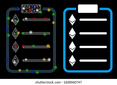 Flare mesh Ethereum list pad icon with glare effect. Abstract illuminated model of Ethereum list pad. Shiny wire carcass polygonal network Ethereum list pad icon.