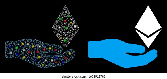 Flare mesh Ethereum offer hand icon with glitter effect. Abstract illuminated model of Ethereum offer hand. Shiny wire frame triangular mesh Ethereum offer hand icon.