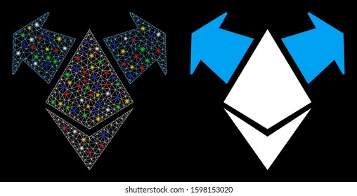 Flare mesh Ethereum spend arrows icon with sparkle effect. Abstract illuminated model of Ethereum spend arrows. Shiny wire frame polygonal mesh Ethereum spend arrows icon.