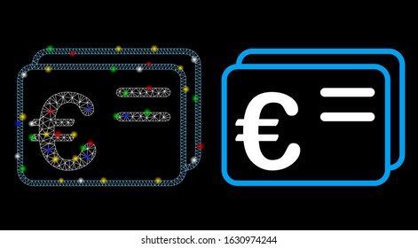 Flare mesh Euro account cards icon with glitter effect. Abstract illuminated model of Euro account cards. Shiny wire frame triangular mesh Euro account cards icon.