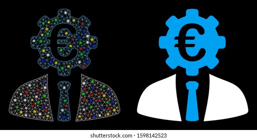 Flare mesh Euro banker icon with glare effect. Abstract illuminated model of Euro banker. Shiny wire frame polygonal mesh Euro banker icon. Vector abstraction on a black background.