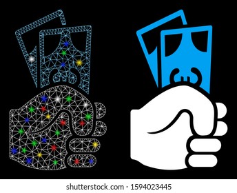 Flare mesh Euro banknotes salary icon with glitter effect. Abstract illuminated model of Euro banknotes salary. Shiny wire frame polygonal mesh Euro banknotes salary icon.
