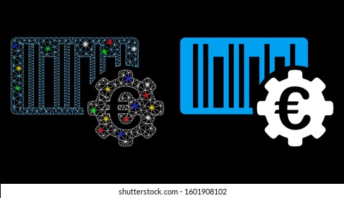 Flare mesh Euro barcode setup icon with sparkle effect. Abstract illuminated model of Euro barcode setup. Shiny wire carcass triangular mesh Euro barcode setup icon.