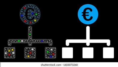 Flare Mesh Euro Cash Flow Icon With Glitter Effect. Abstract Illuminated Model Of Euro Cash Flow. Shiny Wire Carcass Polygonal Network Euro Cash Flow Icon. Vector Abstraction On A Black Background.