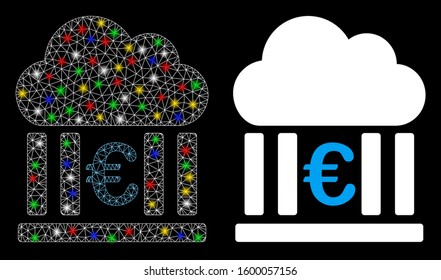 Flare mesh euro cloud banking icon with glow effect. Abstract illuminated model of euro cloud banking. Shiny wire carcass polygonal network euro cloud banking icon.