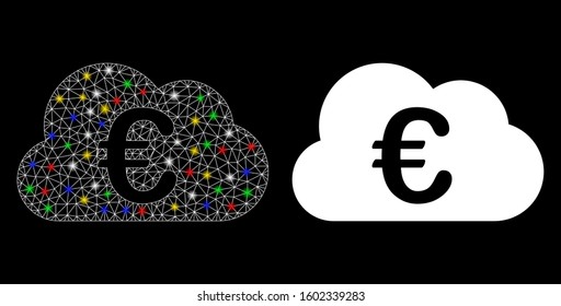Flare mesh Euro cloud icon with glare effect. Abstract illuminated model of Euro cloud. Shiny wire frame polygonal mesh Euro cloud icon. Vector abstraction on a black background.