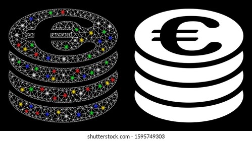 Flare mesh Euro coin column icon with sparkle effect. Abstract illuminated model of Euro coin column. Shiny wire carcass polygonal mesh Euro coin column icon. Vector abstraction on a black background.