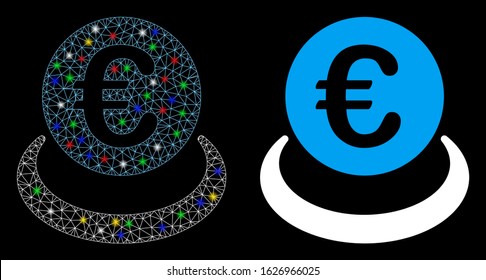 Flare mesh Euro deposit icon with glare effect. Abstract illuminated model of Euro deposit. Shiny wire carcass polygonal mesh Euro deposit icon. Vector abstraction on a black background.