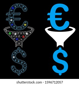 Flare mesh Euro Dollar conversion filter icon with glitter effect. Abstract illuminated model of Euro Dollar conversion filter. Shiny wire frame polygonal mesh Euro Dollar conversion filter icon.
