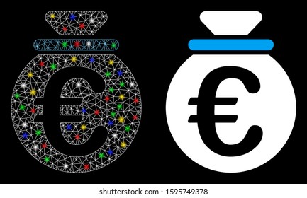 Flare mesh Euro fund icon with glare effect. Abstract illuminated model of Euro fund. Shiny wire carcass triangular mesh Euro fund icon. Vector abstraction on a black background.