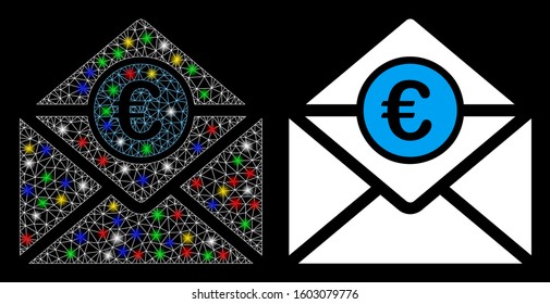 Flare mesh Euro mail icon with glare effect. Abstract illuminated model of Euro mail. Shiny wire frame polygonal mesh Euro mail icon. Vector abstraction on a black background.