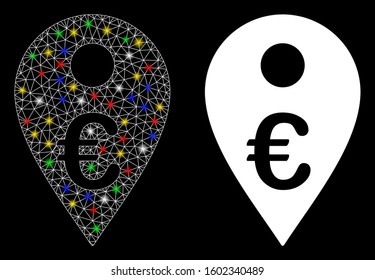 Flare mesh Euro map marker icon with lightspot effect. Abstract illuminated model of Euro map marker. Shiny wire carcass triangular mesh Euro map marker icon. Vector abstraction on a black background.