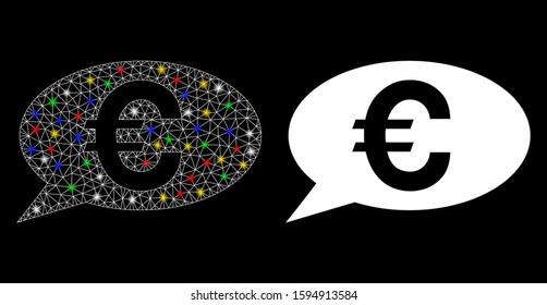 Flare mesh Euro message icon with sparkle effect. Abstract illuminated model of Euro message. Shiny wire frame polygonal mesh Euro message icon. Vector abstraction on a black background.