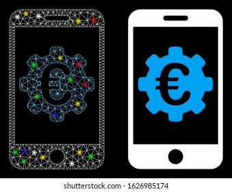 Flare mesh Euro mobile options icon with lightspot effect. Abstract illuminated model of Euro mobile options. Shiny wire carcass polygonal mesh Euro mobile options icon.