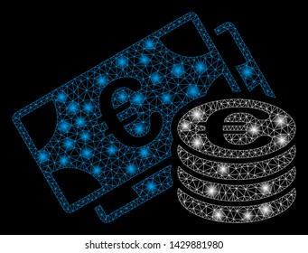 Flare mesh Euro money with glitter effect. Abstract illuminated model of Euro money icon. Shiny wire frame triangular mesh Euro money. Vector abstraction on a black background.