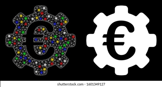 Flare mesh Euro options icon with sparkle effect. Abstract illuminated model of Euro options. Shiny wire frame triangular mesh Euro options icon. Vector abstraction on a black background.