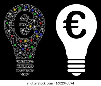 Flare mesh Euro patent icon with glare effect. Abstract illuminated model of Euro patent. Shiny wire carcass triangular mesh Euro patent icon. Vector abstraction on a black background.