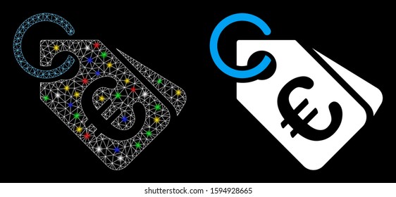 Flare mesh Euro price tags icon with glare effect. Abstract illuminated model of Euro price tags. Shiny wire frame triangular mesh Euro price tags icon. Vector abstraction on a black background.