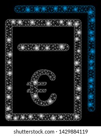 Flare mesh Euro pricing documents with glare effect. Abstract illuminated model of Euro pricing documents icon. Shiny wire frame triangular mesh Euro pricing documents.